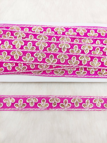 Wholesale Fuchsia Net Lace Floral Embroidery & Glitter Gold Sequins, Indian Wedding Border, Gifting Ribbon Costume Trim Fashion Trimming